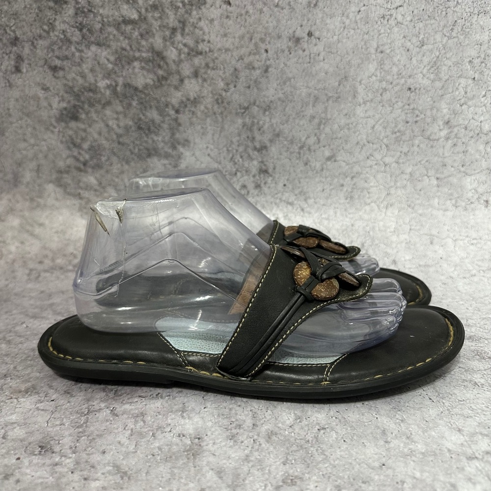 Born Thong Sandals Womens 10 Black W3043 B6 Leather Wood Button Flat‎ Boho